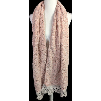 Handmade Vintage Chenille Crochet Scarf With Scalloped Trim 83x23 Inches Pink & White