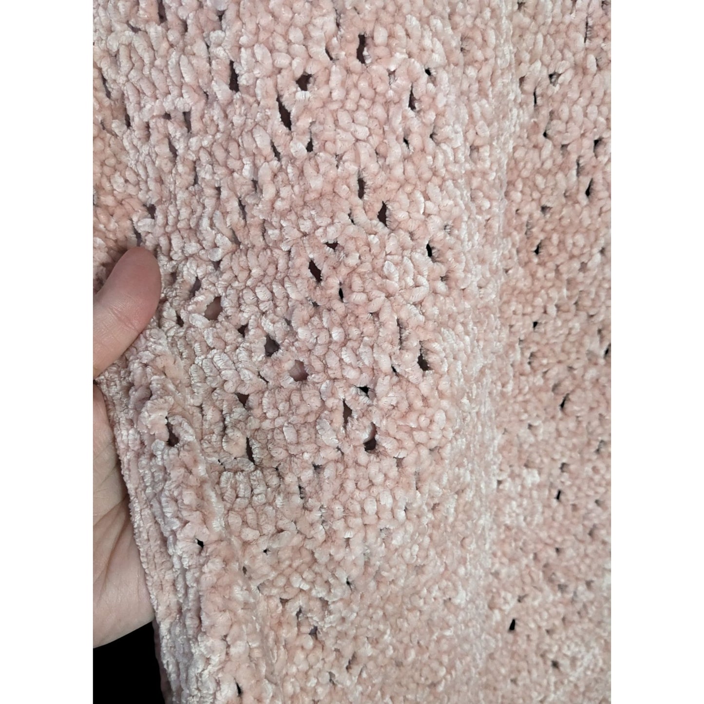 Handmade Vintage Chenille Crochet Scarf With Scalloped Trim 83x23 Inches Pink & White
