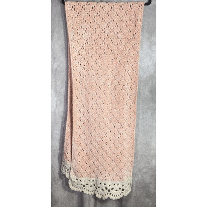 Handmade Vintage Chenille Crochet Scarf With Scalloped Trim 83x23 Inches Pink & White