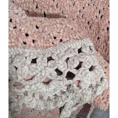 Handmade Vintage Chenille Crochet Scarf With Scalloped Trim 83x23 Inches Pink & White