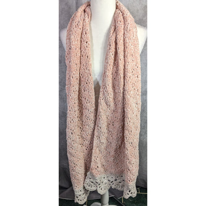 Handmade Vintage Chenille Crochet Scarf With Scalloped Trim 83x23 Inches Pink & White