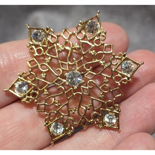 Vintage Gold Rhinestone Snowflake Brooch