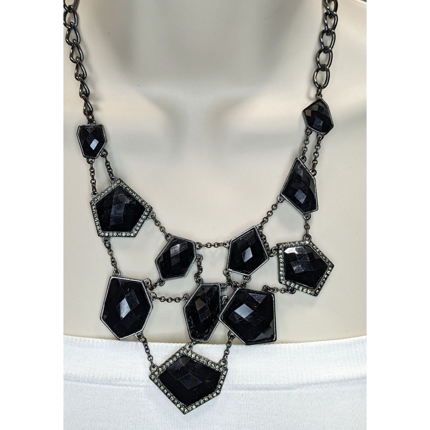 Glam Goth Bib Statement Necklace Webbed Chain Black Gem Silver Tone Jewelry