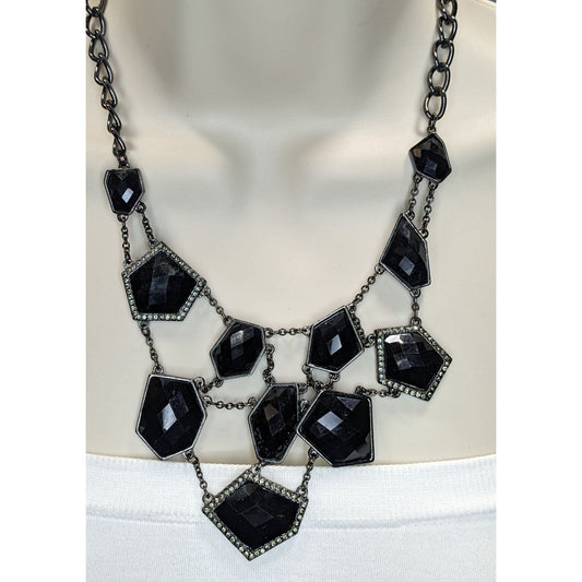 Glam Goth Bib Statement Necklace Webbed Chain Black Gem Silver Tone Jewelry