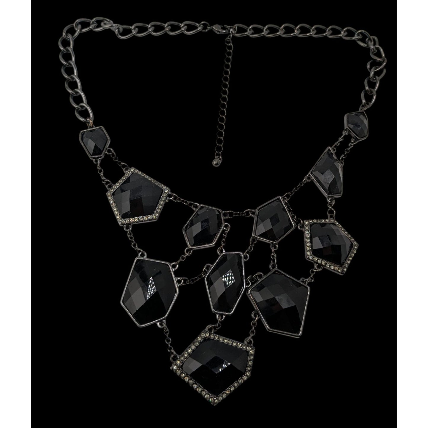 Glam Goth Bib Statement Necklace Webbed Chain Black Gem Silver Tone Jewelry