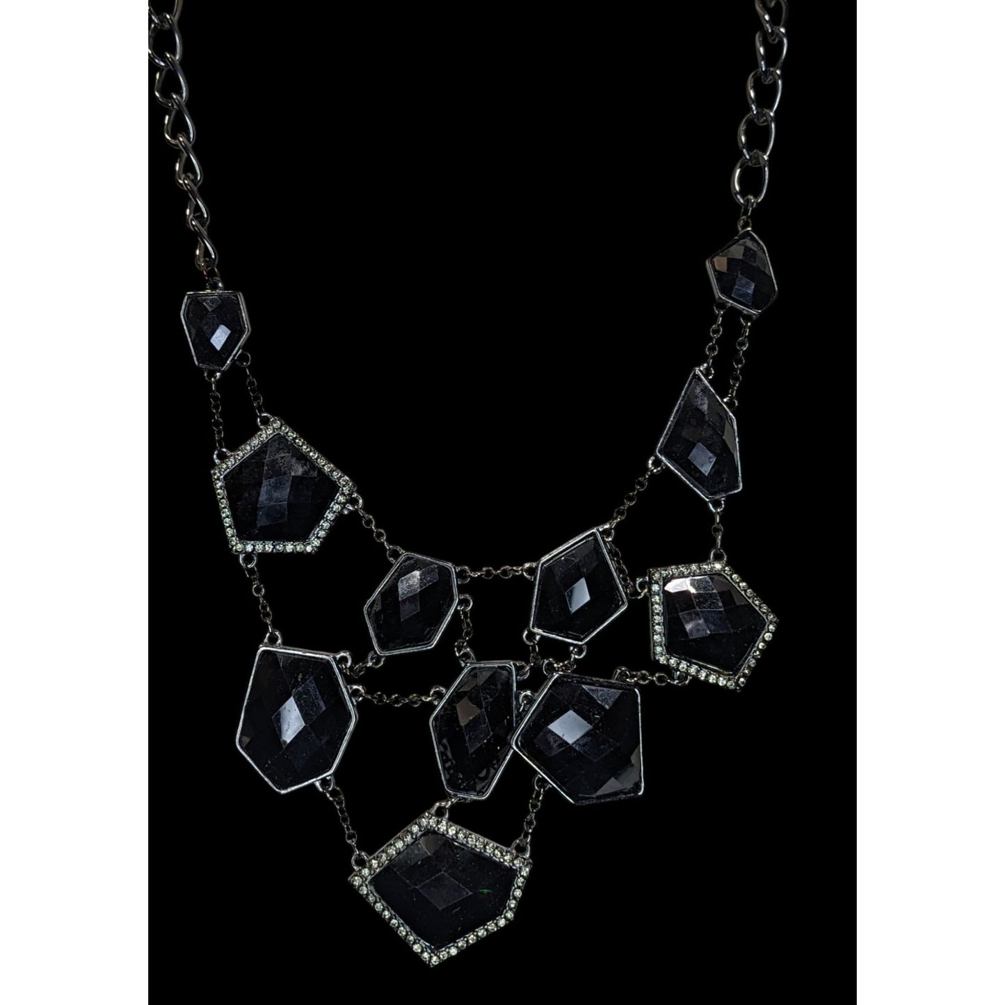Glam Goth Bib Statement Necklace Webbed Chain Black Gem Silver Tone Jewelry