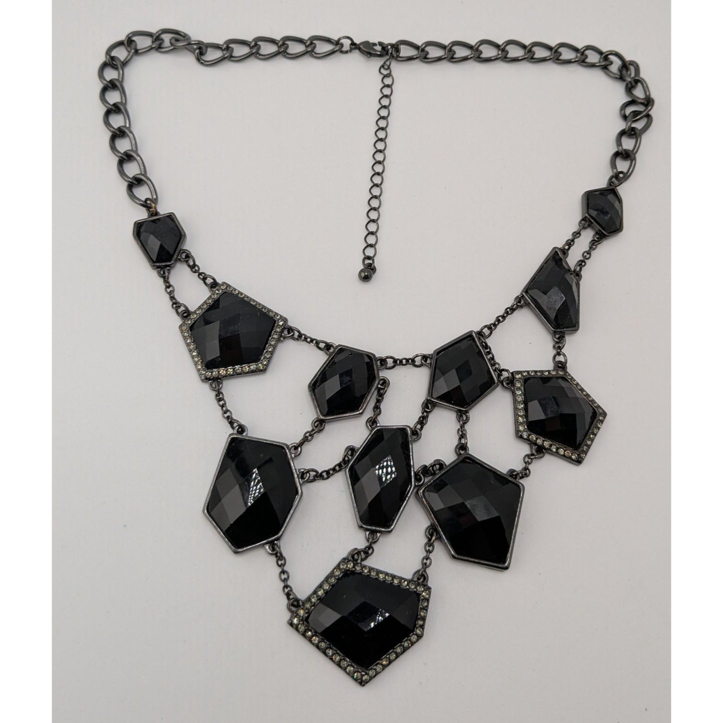 Glam Goth Bib Statement Necklace Webbed Chain Black Gem Silver Tone Jewelry