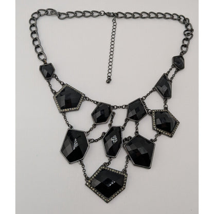 Glam Goth Bib Statement Necklace Webbed Chain Black Gem Silver Tone Jewelry