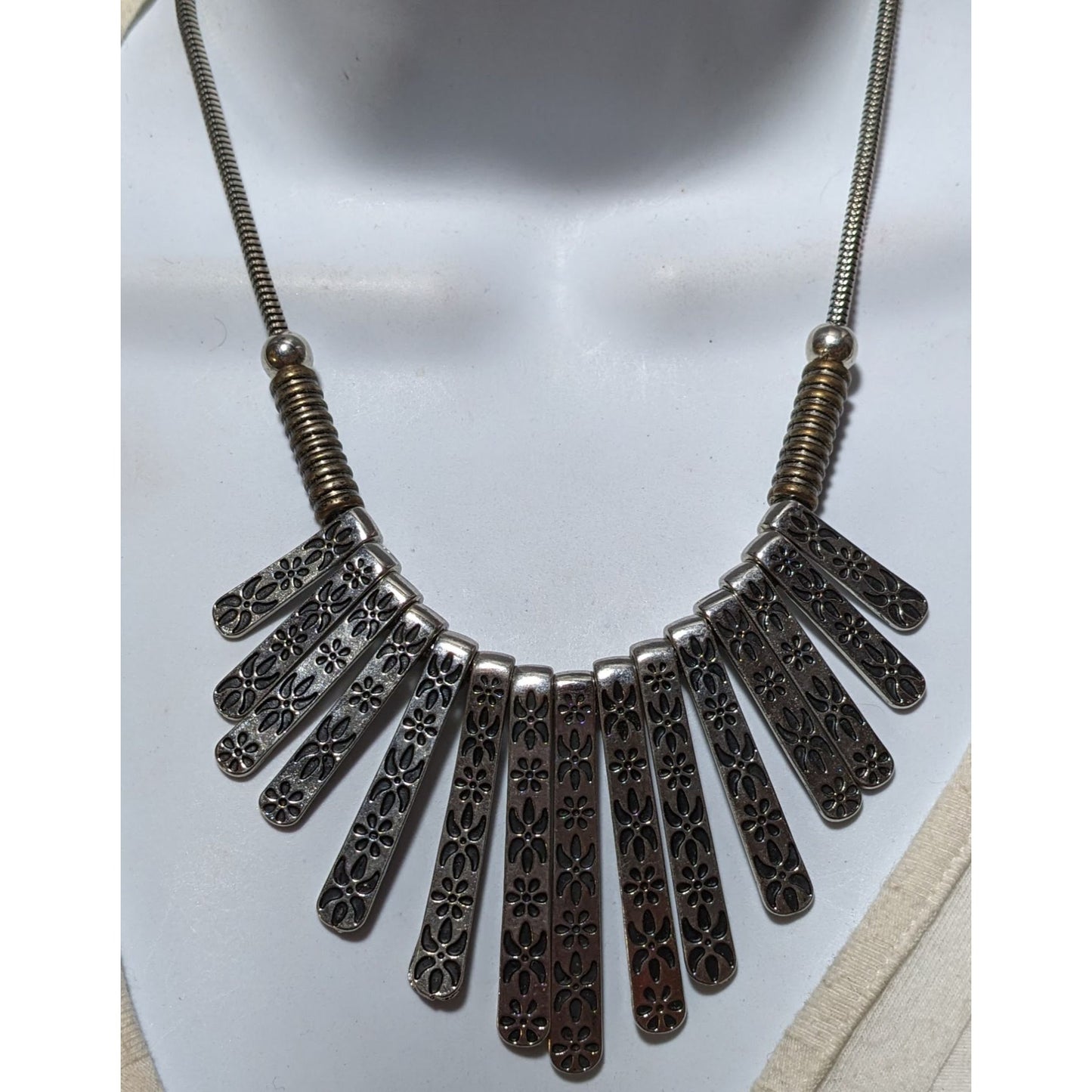 Silver Floral Engraved Graduated Statement Necklace