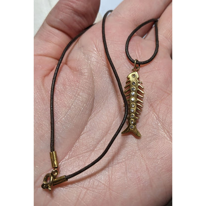 Glam Goth Fishbone Gold Sterling Pendant Necklace