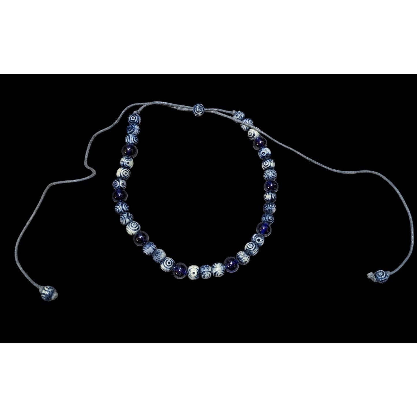 Retro Blue And White Beaded Cord Necklace