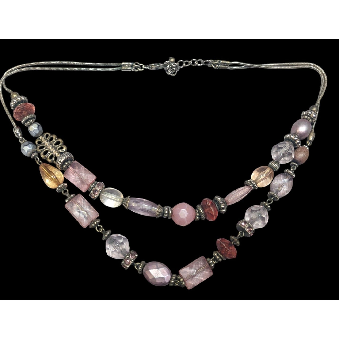 Coquette Pink Glass And Silver Tone Beaded Layered Necklace