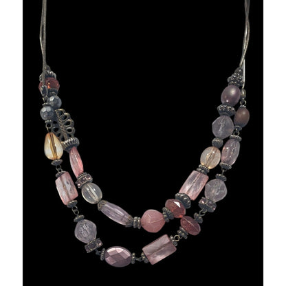 Coquette Pink Glass And Silver Tone Beaded Layered Necklace