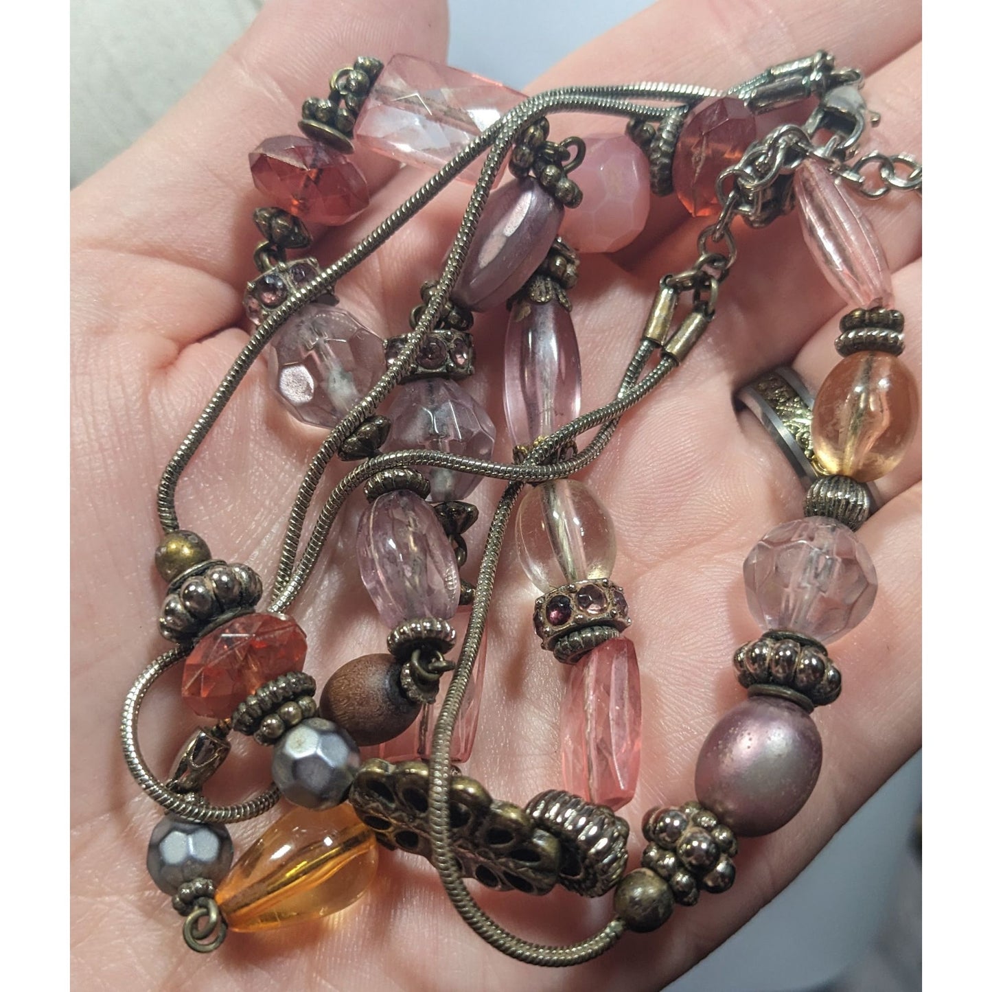 Coquette Pink Glass And Silver Tone Beaded Layered Necklace