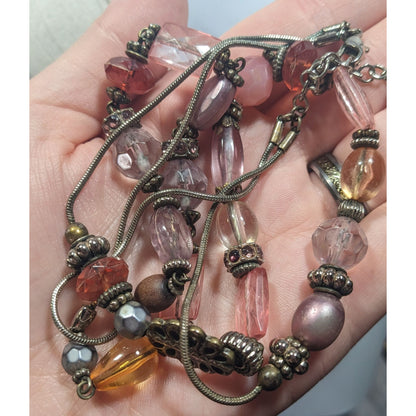 Coquette Pink Glass And Silver Tone Beaded Layered Necklace