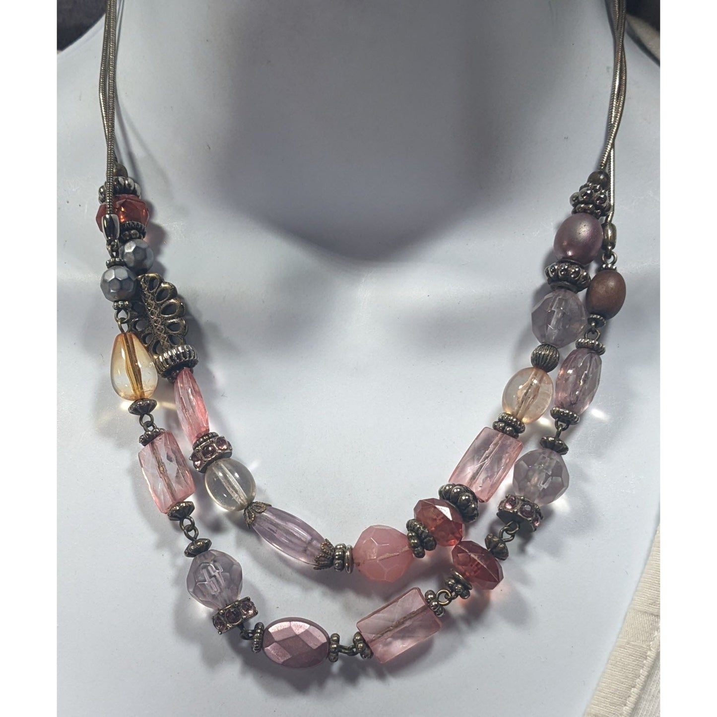 Coquette Pink Glass And Silver Tone Beaded Layered Necklace