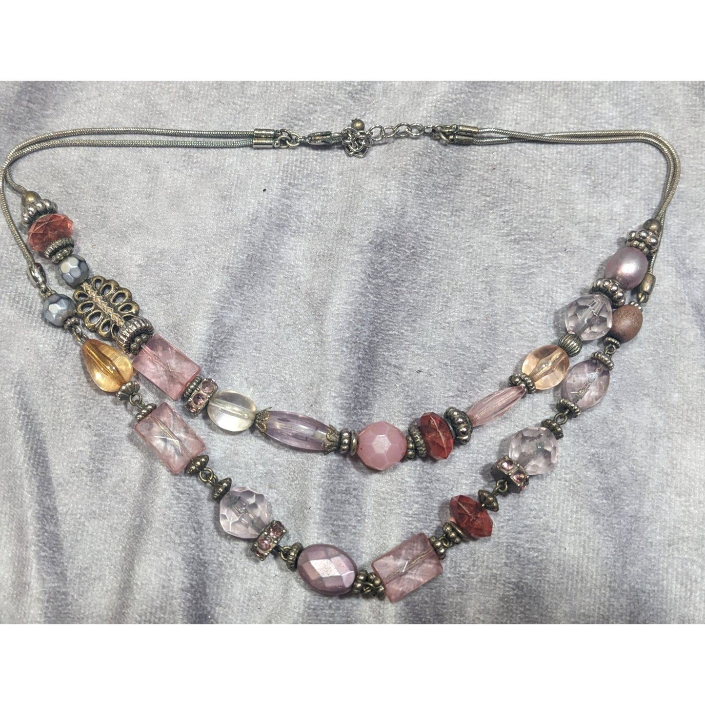 Coquette Pink Glass And Silver Tone Beaded Layered Necklace
