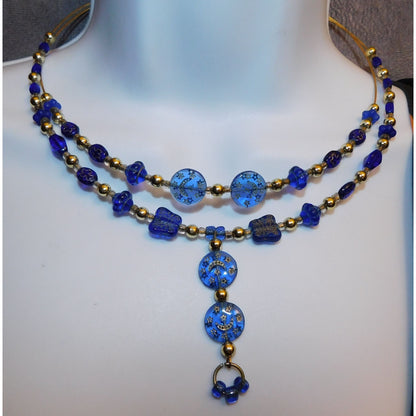 Blue And Gold Celestial Beaded  Necklace