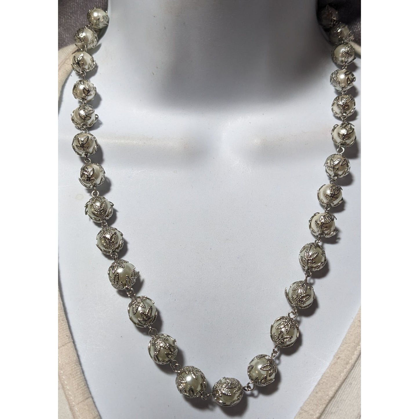 Whimsical Silver Leaf Capped Faux Pearl Necklace