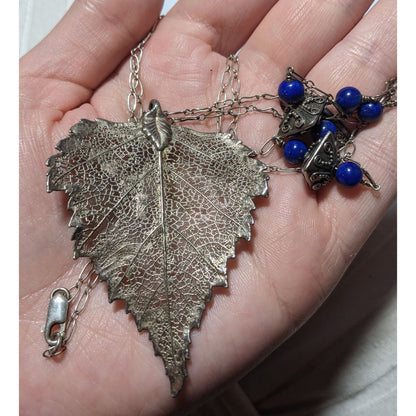 Vintage Silver And Blue Electroplated Birch Leaf Necklace