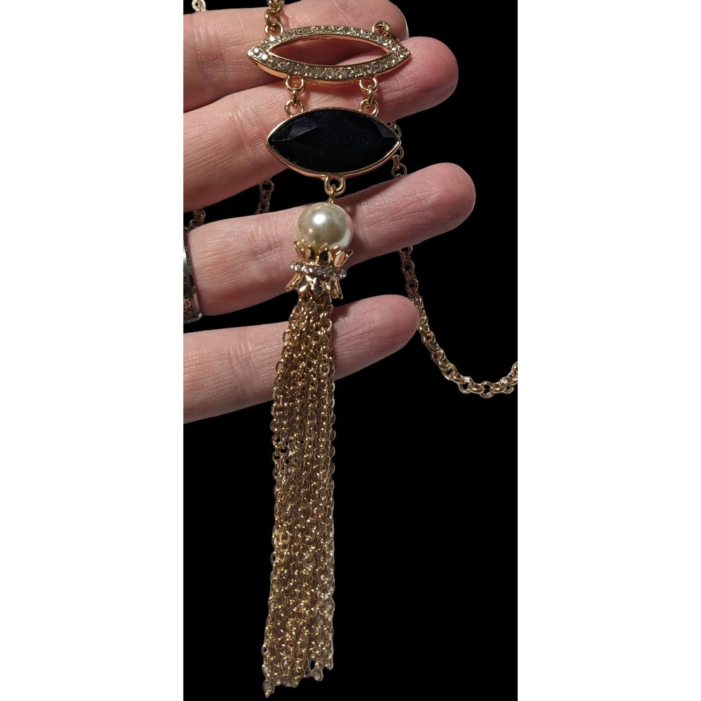 Elegant Glam Gemmed Gold Tassel Necklace