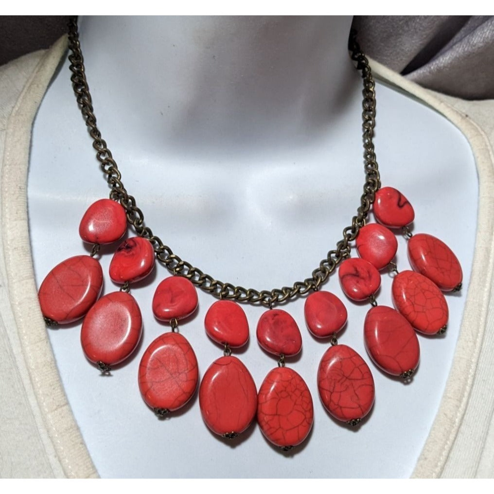 Red Howlite Beaded Fringe Statement Necklace