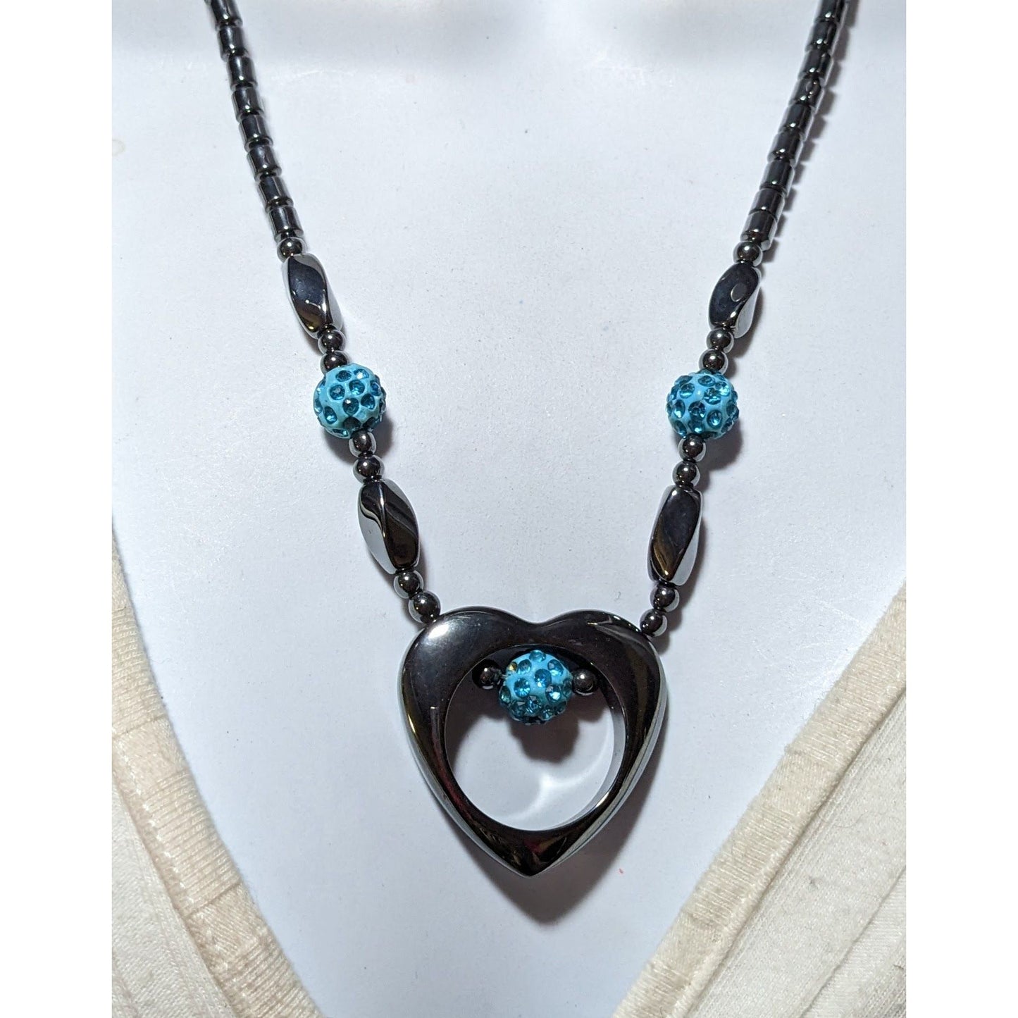 Hematite Open Heart Beaded Pendant Necklace