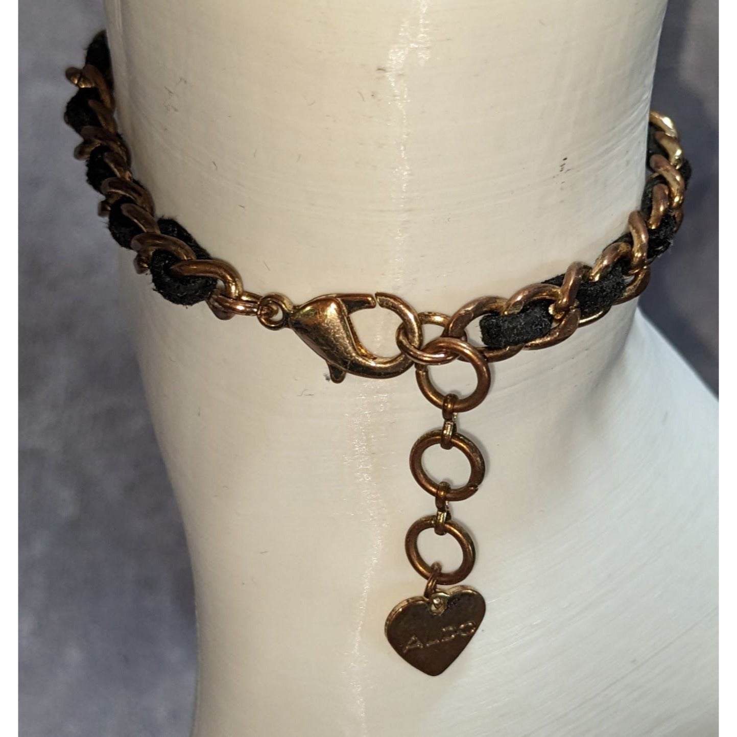 Edgy ALDO Black Suede Gold Tone Chain Woven Bracelet Adjustable Mixed Media Jewelry