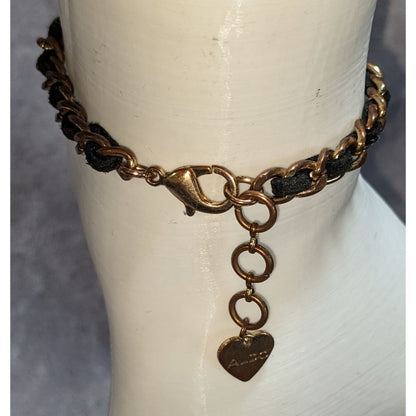 Edgy ALDO Black Suede Gold Tone Chain Woven Bracelet Adjustable Mixed Media Jewelry
