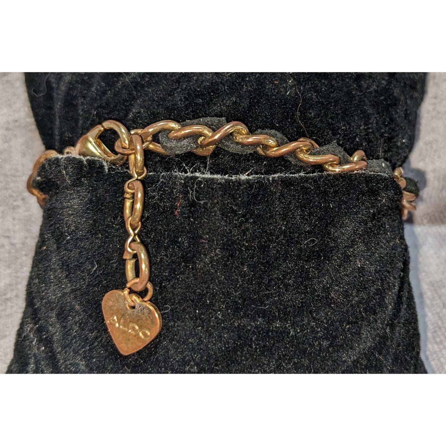 Edgy ALDO Black Suede Gold Tone Chain Woven Bracelet Adjustable Mixed Media Jewelry