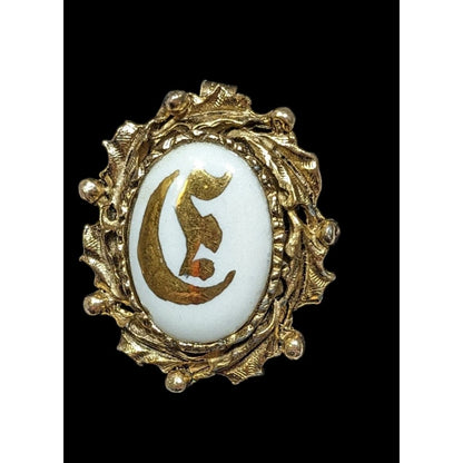 Vintage Gilded Hand Painted Victorian E Porcelain Brooch/Pendant