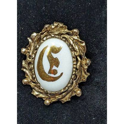 Vintage Gilded Hand Painted Victorian E Porcelain Brooch/Pendant