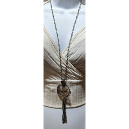 Y2K Metallic Multi-Ring Pendant Tassel Necklace