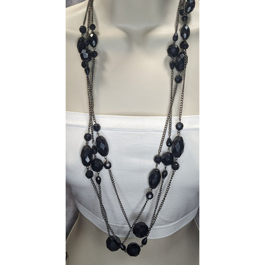 Goth Glam Vampire Black Layered Faceted Bead Multi Strand Necklace