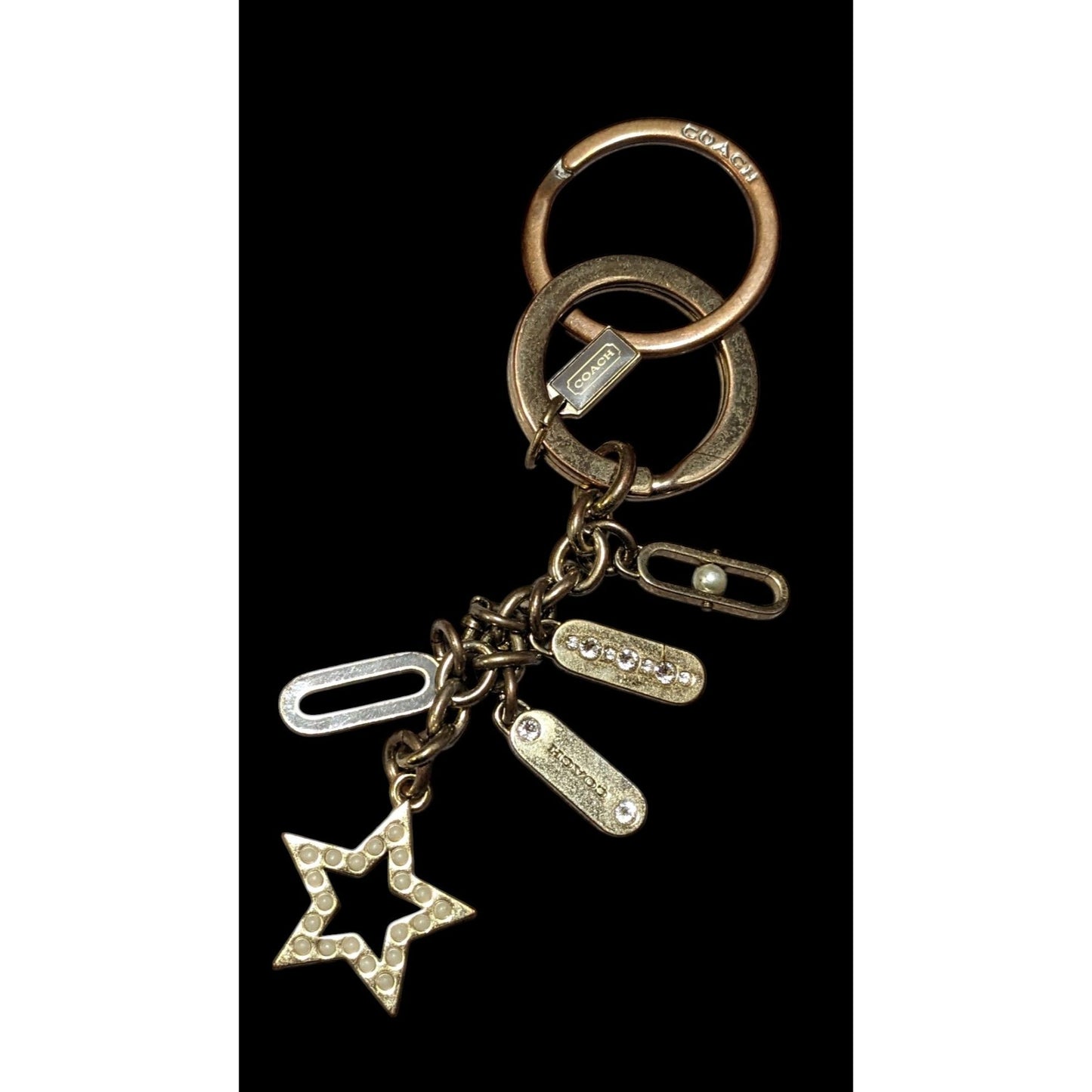 Coach Gold Tone Rhinestone Faux Pearl Star Charm Keychain