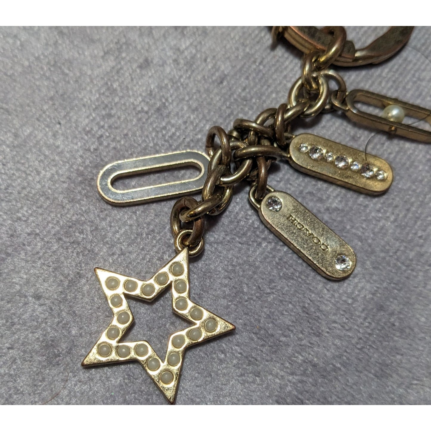 Coach Gold Tone Rhinestone Faux Pearl Star Charm Keychain