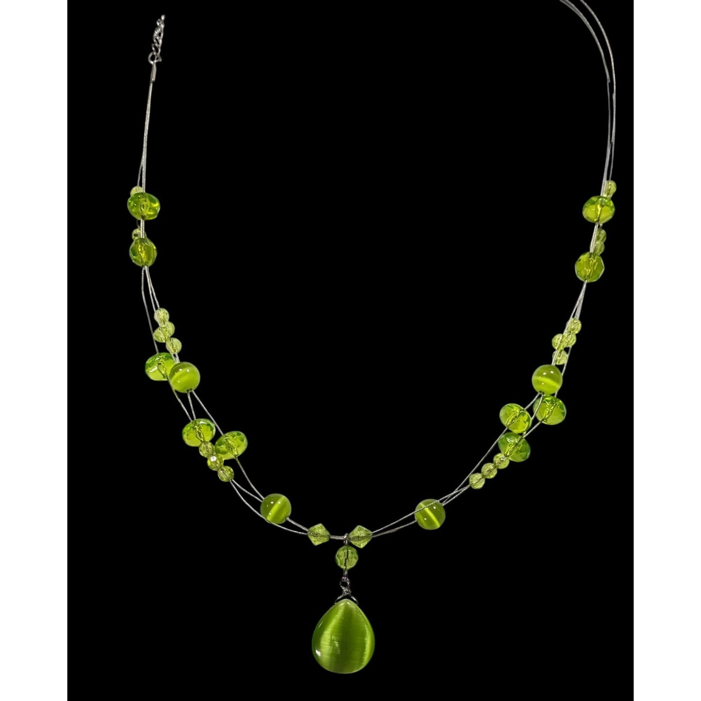 Fairycore Green Cateye Glass Beaded Pendant Necklace