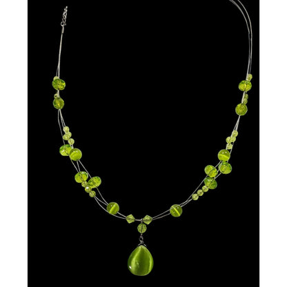 Fairycore Green Cateye Glass Beaded Pendant Necklace