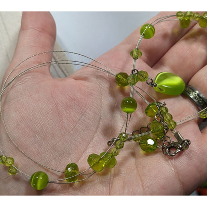 Fairycore Green Cateye Glass Beaded Pendant Necklace