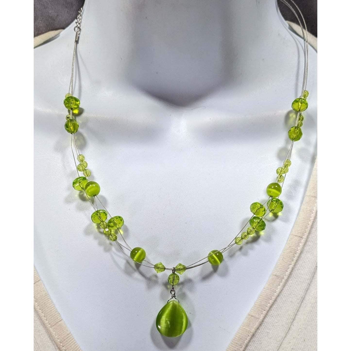 Fairycore Green Cateye Glass Beaded Pendant Necklace