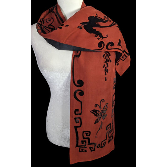 Vintage 90s Gothic Burnt Velvet Scarf With Intricate Butterfly & Phoenix Design 70x10 Inches