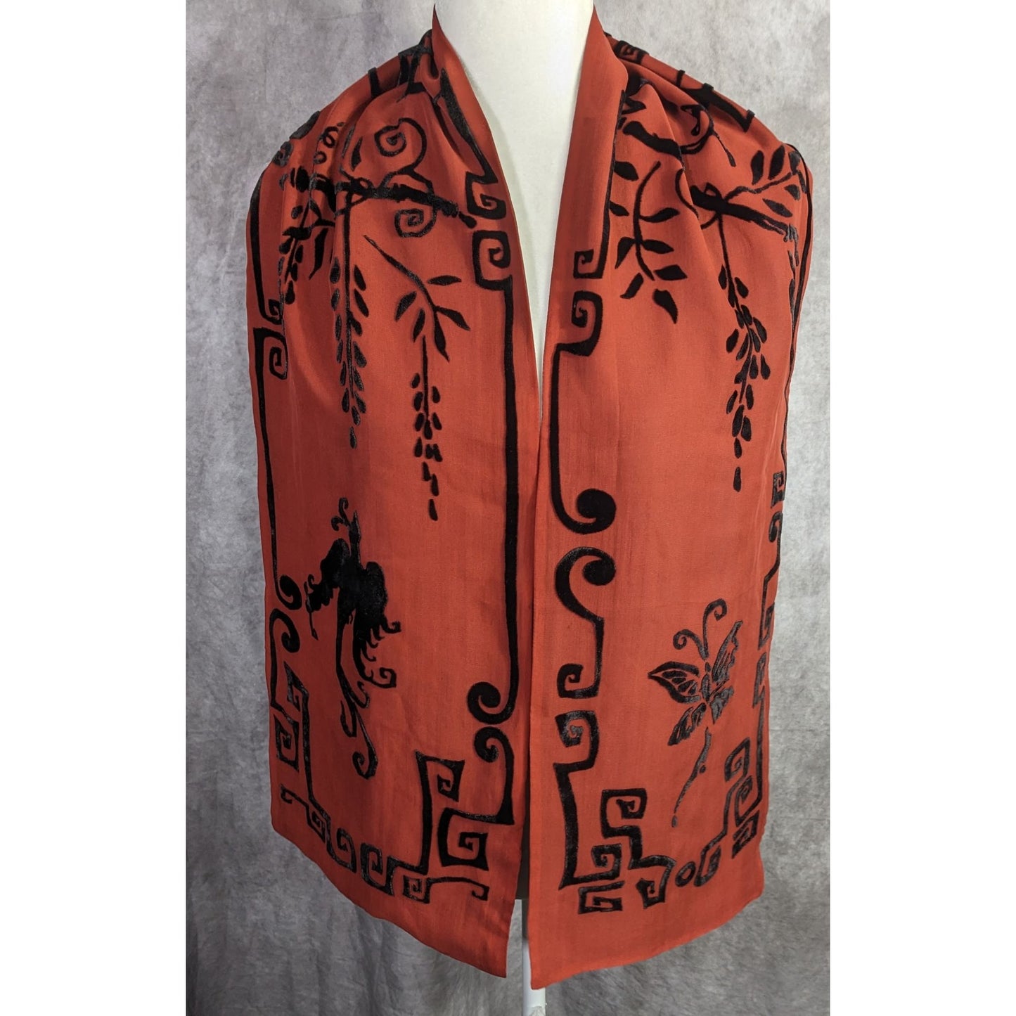 Vintage 90s Gothic Burnt Velvet Scarf With Intricate Butterfly & Phoenix Design 70x10 Inches