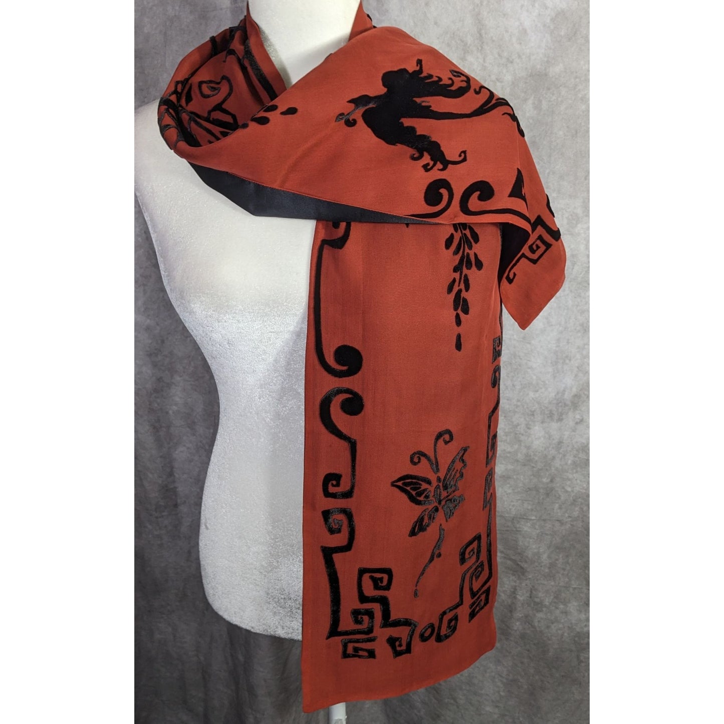 Vintage 90s Gothic Burnt Velvet Scarf With Intricate Butterfly & Phoenix Design 70x10 Inches