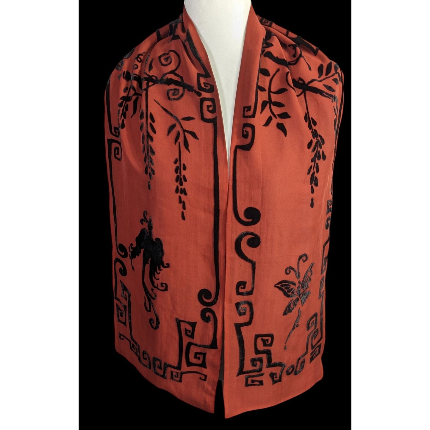 Vintage 90s Gothic Burnt Velvet Scarf With Intricate Butterfly & Phoenix Design 70x10 Inches