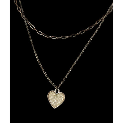 Minimalist Rose Gold Tone Multilayer Silver Glitter Heart Necklace