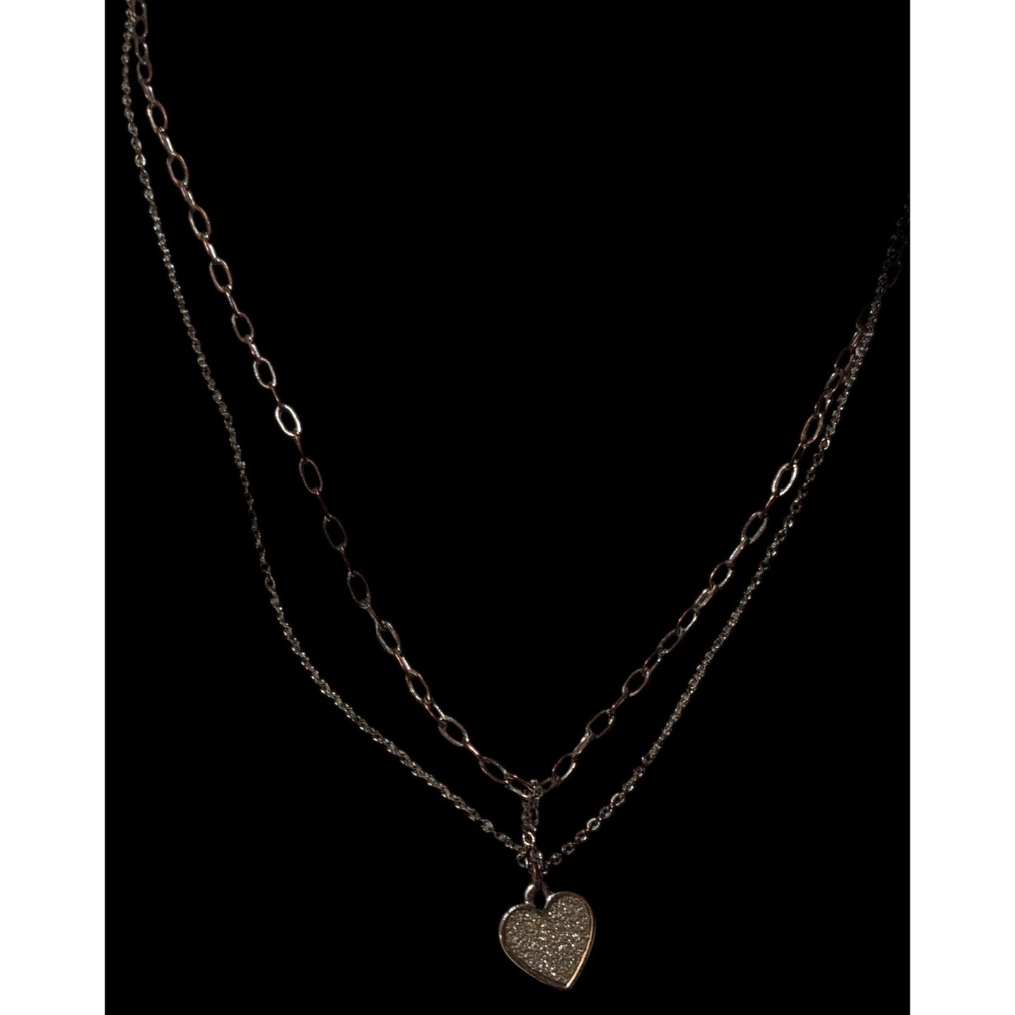 Minimalist Rose Gold Tone Multilayer Silver Glitter Heart Necklace