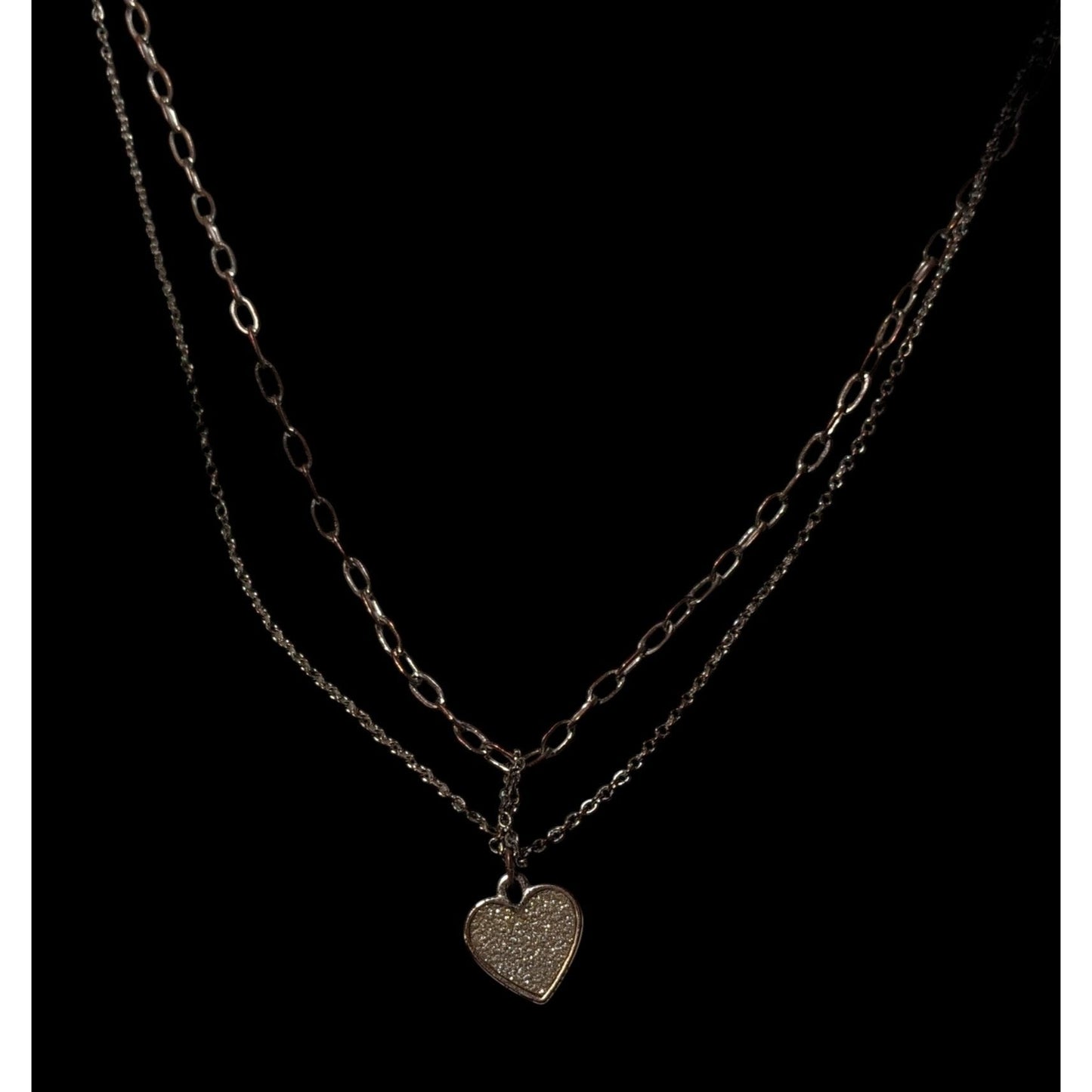 Minimalist Rose Gold Tone Multilayer Silver Glitter Heart Necklace