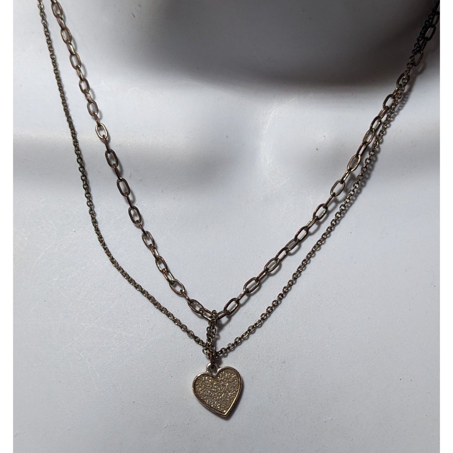 Minimalist Rose Gold Tone Multilayer Silver Glitter Heart Necklace