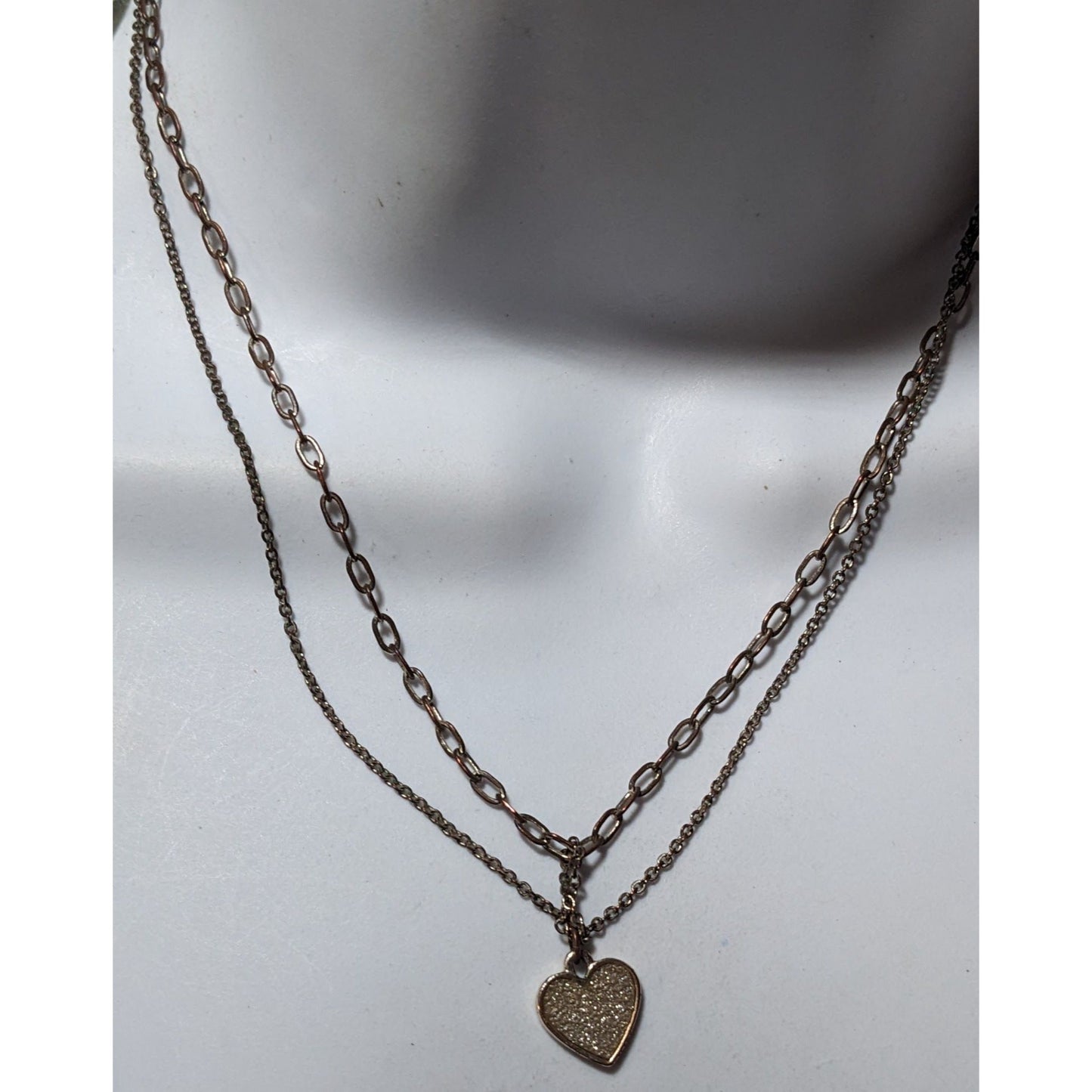 Minimalist Rose Gold Tone Multilayer Silver Glitter Heart Necklace