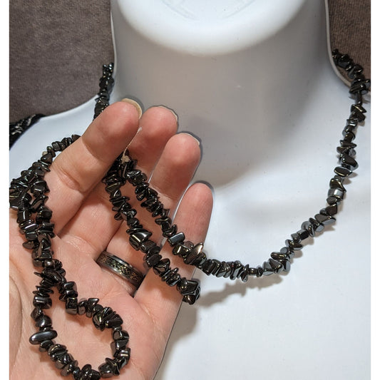 Hematite Chip Beaded Necklace 33 Inches Long Polished Natural Stone Jewelry Black & Metallic Shine